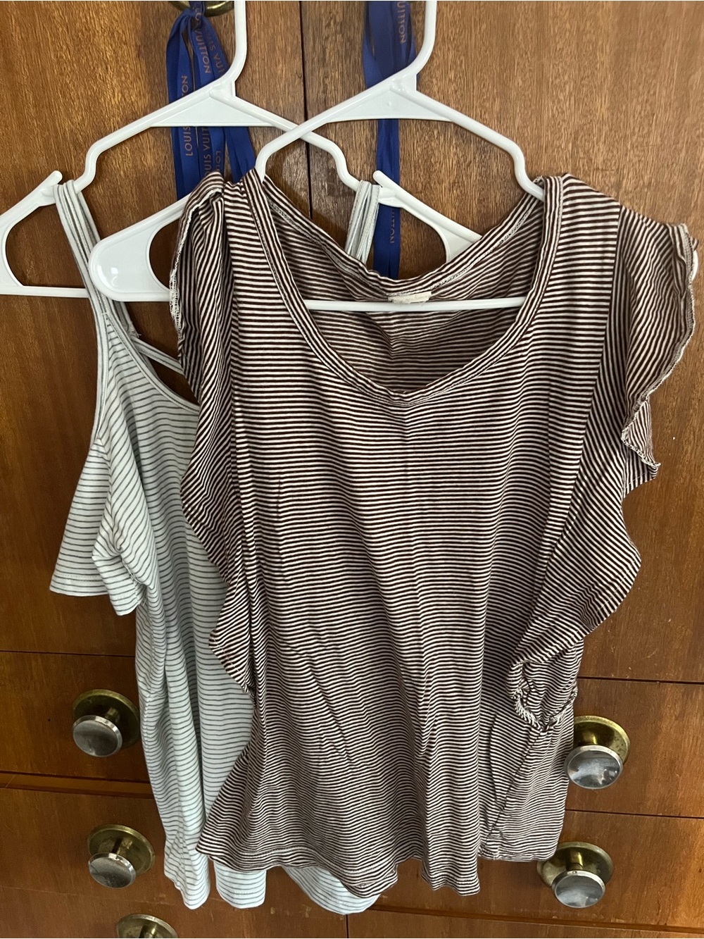 Bundle of a Striped Ruffle Brown Sleeve Top & Striped gray and white Top